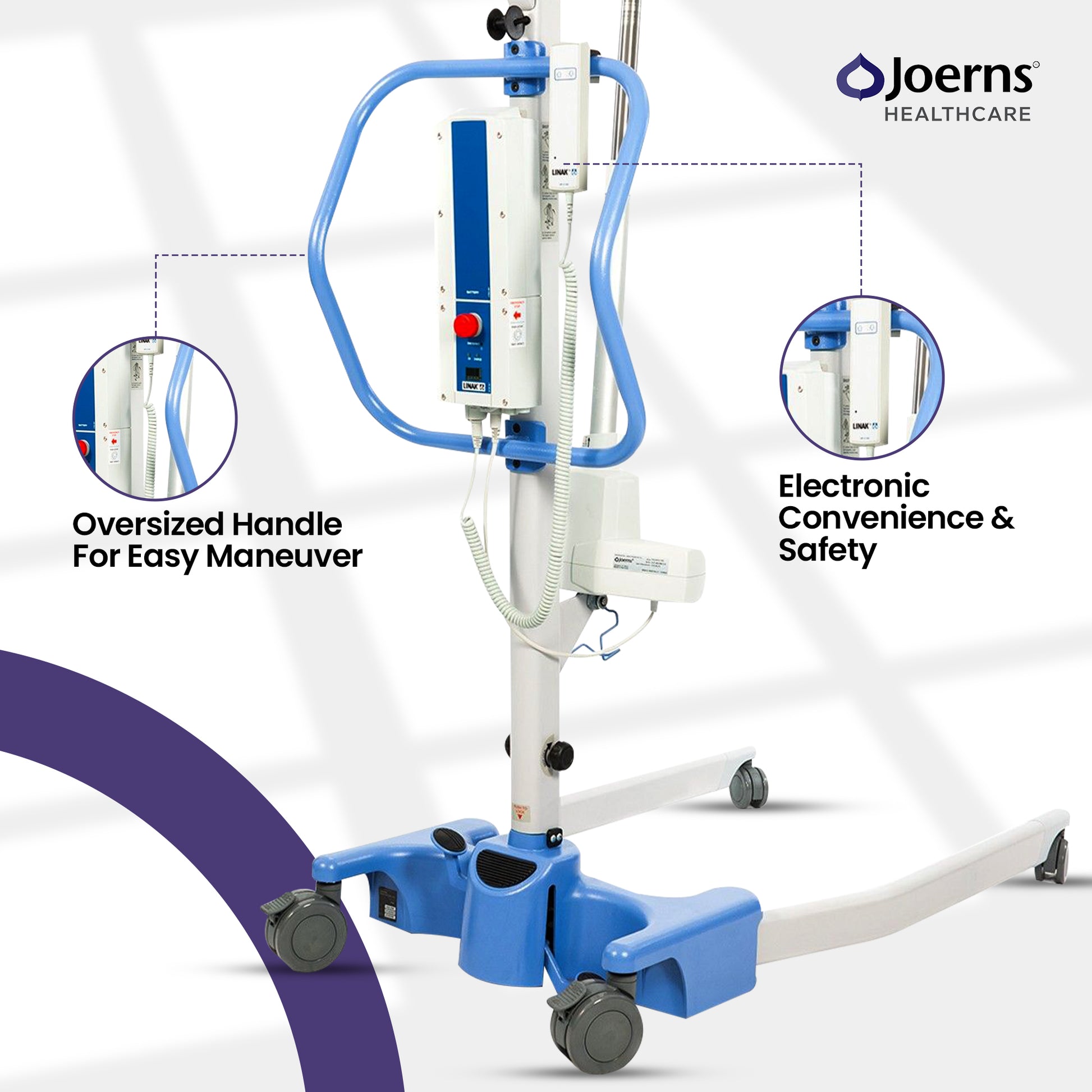 Durable caster wheels on Hoyer Advance electric patient lift for smooth mobility
